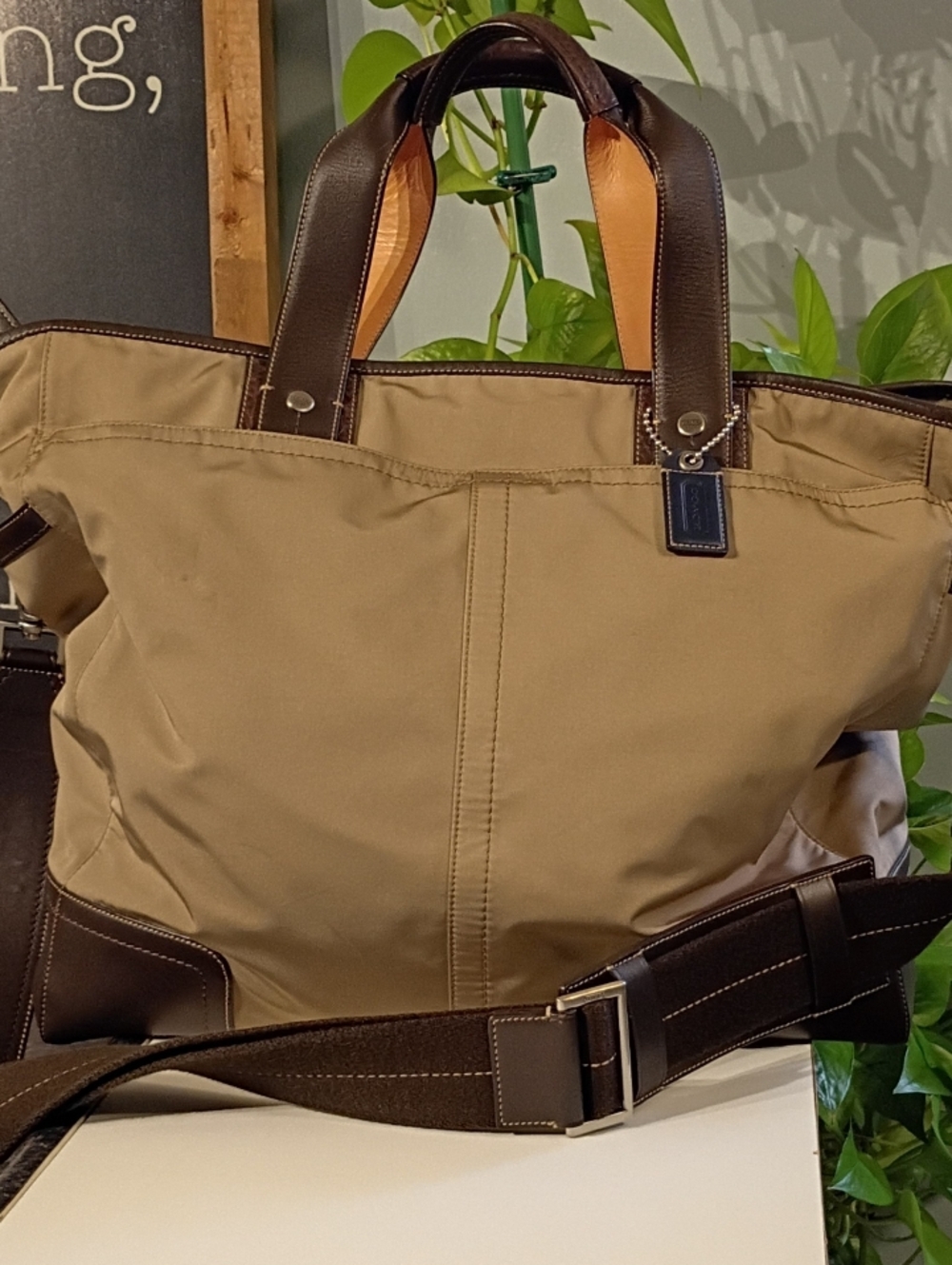 Coach Men's Tan and Dark Brown Canvas Bag l with Leather Trim